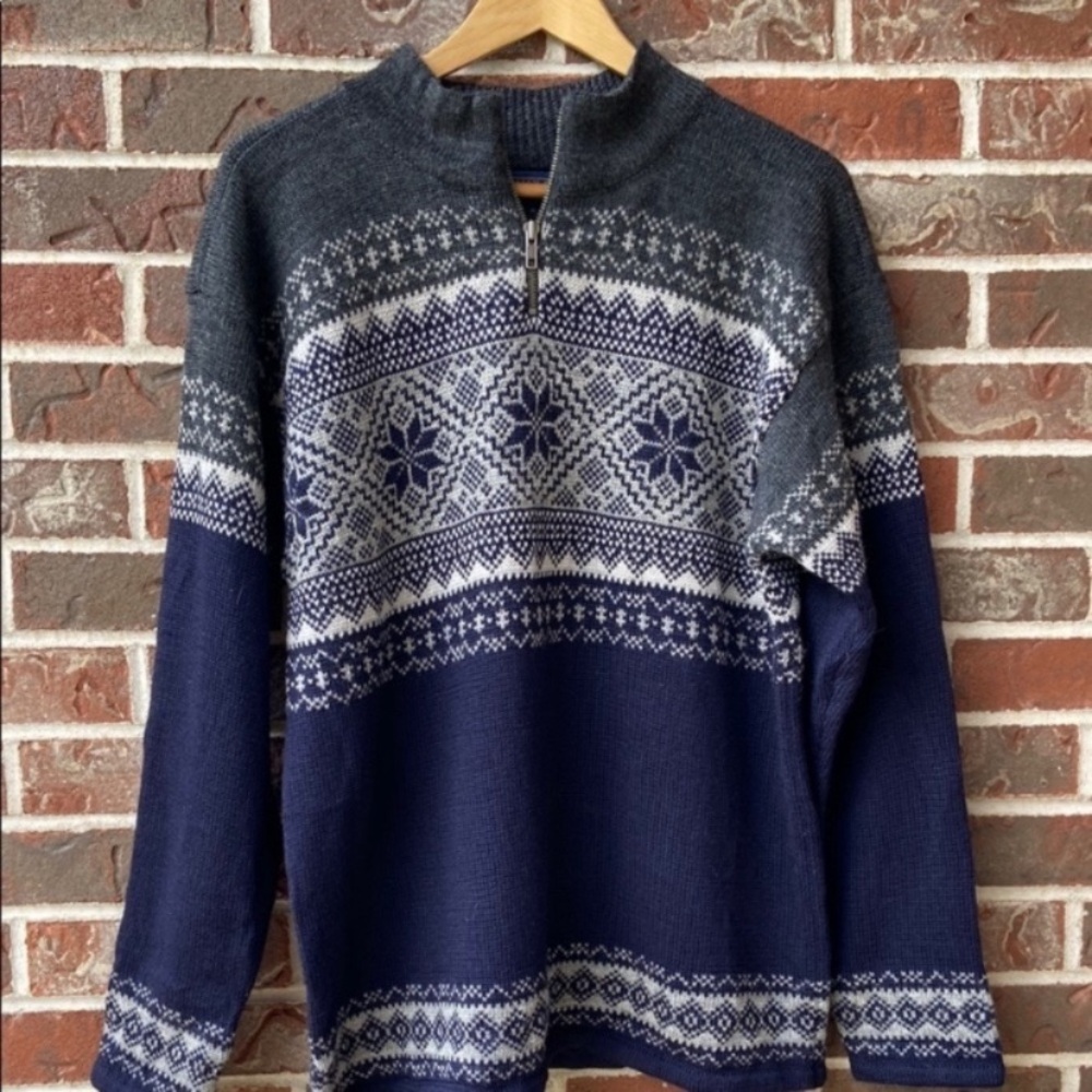 Men's 100% Wool 1/4 Zip Nordic Pattern Sweater - Gray and Blue